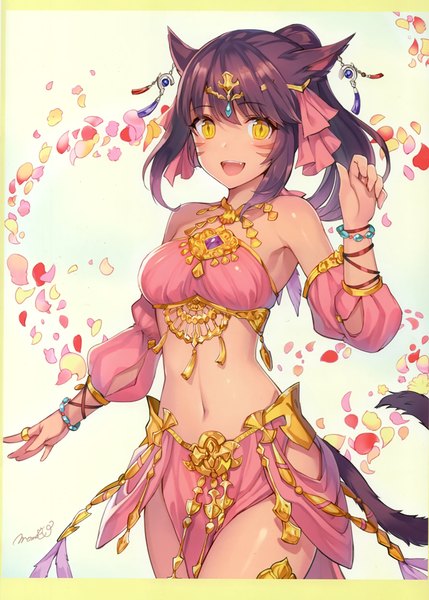 Anime picture 2111x2952 with final fantasy final fantasy xiv square enix miqo'te momoko (momopoco) single long hair tall image looking at viewer blush fringe highres open mouth simple background smile standing bare shoulders signed animal ears yellow eyes