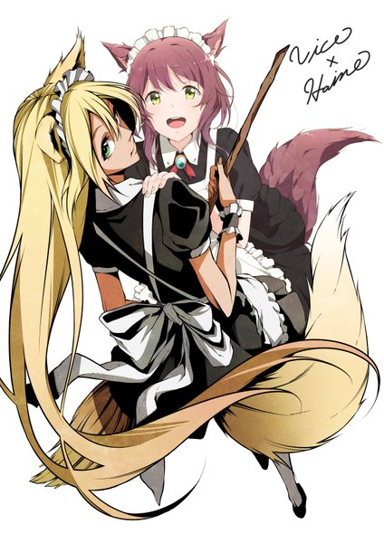 Anime picture 2480x3507 with original haine tall image highres short hair open mouth simple background blonde hair white background multiple girls green eyes animal ears purple hair tail very long hair animal tail maid fox ears fox tail fox girl