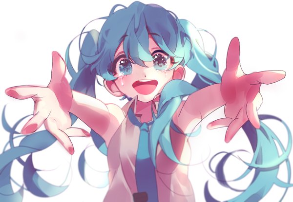 Anime picture 1500x1038 with vocaloid hatsune miku inhye single long hair looking at viewer fringe open mouth simple background smile hair between eyes standing white background twintails bare shoulders upper body aqua eyes aqua hair teeth armpit (armpits)