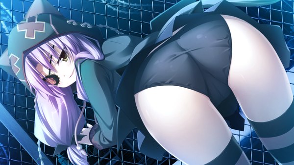 Anime picture 1024x576 with soukoku no arterial long hair light erotic smile wide image yellow eyes game cg purple hair ass looking back girl thighhighs underwear panties hood eyepatch striped thighhighs
