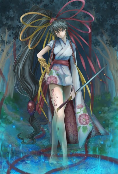 Anime picture 1000x1467 with potato (pixiv922887) single tall image fringe breasts light erotic black hair standing holding looking away very long hair traditional clothes japanese clothes girl hair ornament ribbon (ribbons) weapon plant (plants) hair ribbon tree (trees)