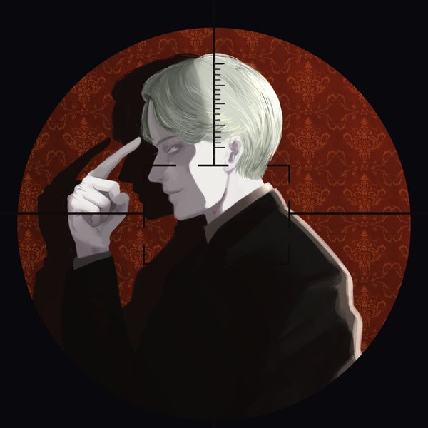 Anime picture 3543x3543 with monster (manga) johan liebert katie_baaa single highres short hair absurdres silver hair upper body profile light smile shadow grey eyes pale skin pointing boy scope