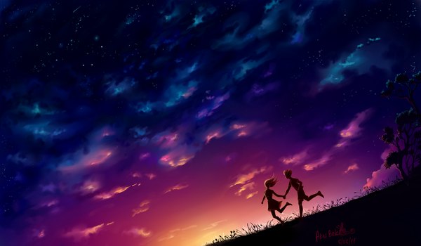 Anime picture 1200x700 with original akubaka wide image signed sky cloud (clouds) couple holding hands landscape scenic silhouette running girl boy plant (plants) tree (trees) star (stars)