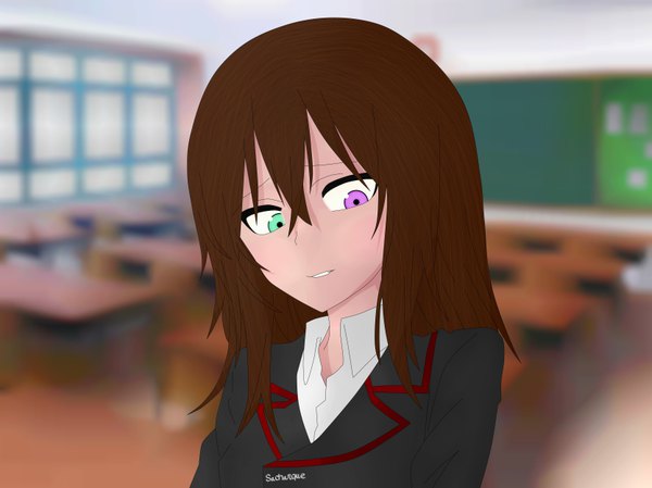 Anime picture 6667x5000 with original sacharque single long hair highres brown hair signed absurdres upper body parted lips pink eyes looking back aqua eyes blurry open collar classroom girl uniform school uniform