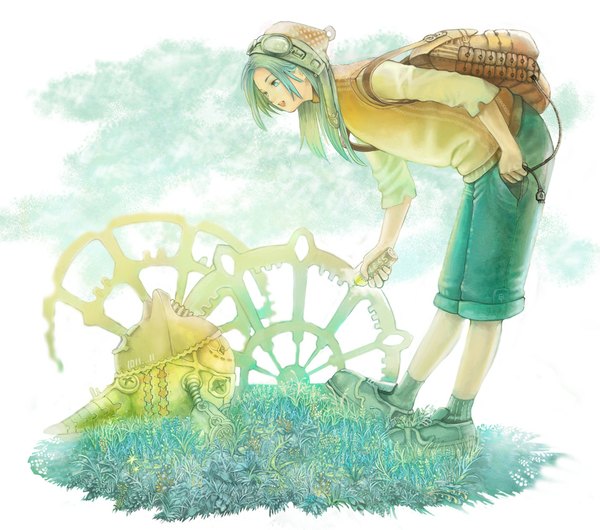 Anime picture 1130x1000 with original maki takaya aqua eyes aqua hair mechanical girl plant (plants) hat shorts goggles wire (wires) backpack gears