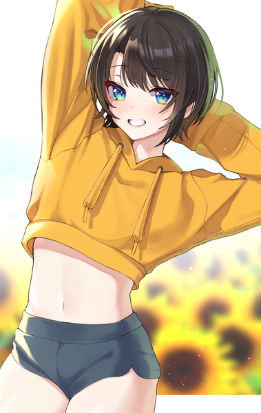 Anime picture 1878x2971 with virtual youtuber hololive oozora subaru pomp (qhtjd0120) single tall image looking at viewer highres short hair blue eyes light erotic black hair smile standing midriff grin arms behind head girl flower (flowers) shorts