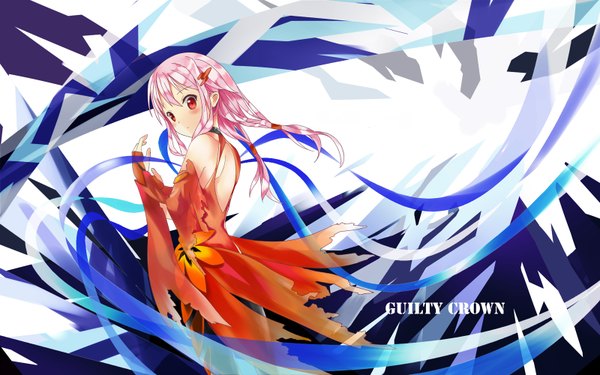 Anime picture 1600x1000 with guilty crown production i.g yuzuriha inori hjl (hjl5000) single long hair blush red eyes wide image pink hair looking back copyright name back girl hair ornament detached sleeves hairclip bodysuit