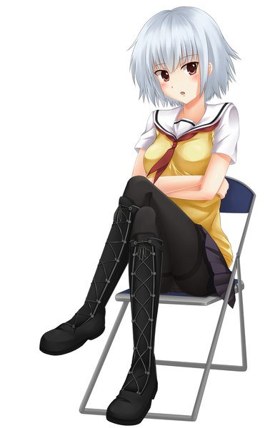 Anime picture 800x1268 with ben-tou david production yarizui sen minami machi single tall image looking at viewer blush short hair open mouth light erotic simple background red eyes white background silver hair girl skirt uniform school uniform pantyhose