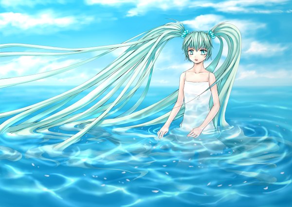 Anime picture 1414x1000 with vocaloid hatsune miku long hair twintails green eyes very long hair green hair loli girl water