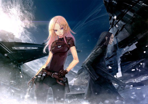Anime picture 1280x905 with redjuice long hair black hair blonde hair purple eyes profile hand on hip girl boy gloves weapon belt gun holster