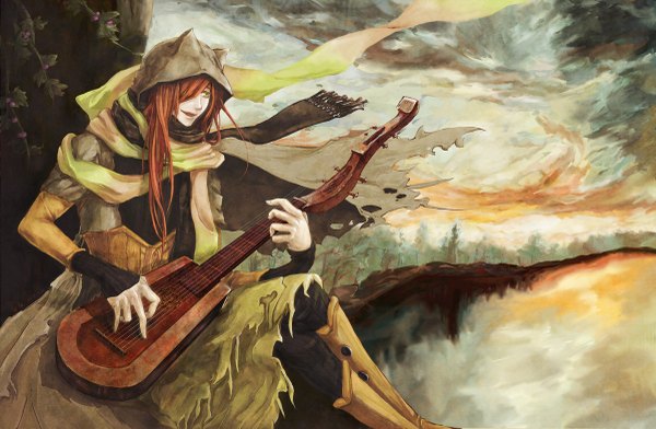 Anime picture 1200x785 with lamento nitro+chiral shui single long hair fringe open mouth smile brown hair sitting green eyes animal ears sky cloud (clouds) wind cat ears hair over one eye orange hair torn clothes reflection