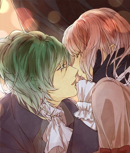 Anime picture 743x874 with uta no prince-sama a-1 pictures nanami haruka (uta no prince-sama) mikaze ai tsuchifu mazu tall image blush fringe short hair pink hair eyes closed parted lips green hair lips face to face almost kiss girl boy gloves bow