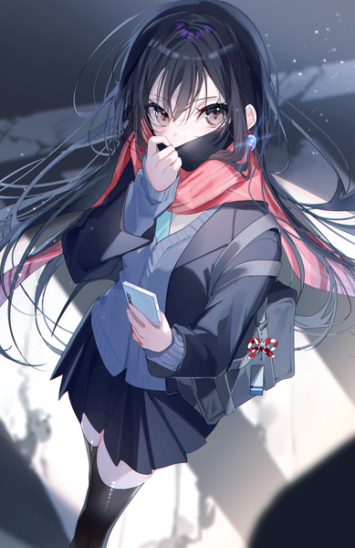 Anime picture 1038x1600 with original miwano rag single long hair tall image looking at viewer fringe black hair hair between eyes standing holding brown eyes long sleeves from above sleeves past wrists girl thighhighs skirt uniform black thighhighs