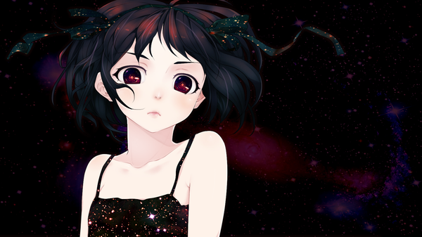 Anime picture 1600x900 with original eventh7 single looking at viewer blush short hair black hair red eyes wide image bare shoulders girl dress