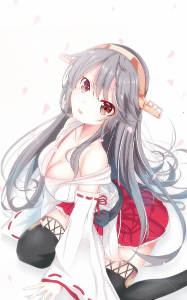 Anime picture 1000x1600 with kantai collection haruna battleship re:rin single long hair tall image looking at viewer fringe light erotic sitting bare shoulders brown eyes bent knee (knees) long sleeves pleated skirt grey hair wide sleeves frilly skirt nontraditional miko girl