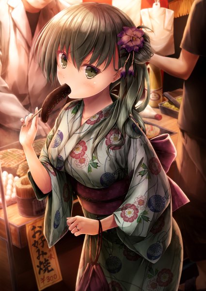 Anime picture 836x1180 with kantai collection suzuya heavy cruiser suien long hair tall image looking at viewer blush fringe green eyes traditional clothes japanese clothes hair flower green hair floral print side ponytail eating festival girl hair ornament flower (flowers)