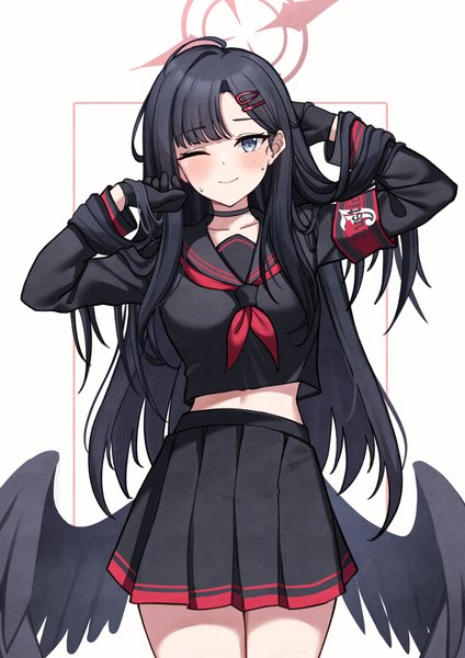 Anime picture 2481x3507 with blue archive ichika (blue archive) nassss single long hair tall image looking at viewer blush highres black hair smile standing white background pleated skirt arms up sweat black wings silver eyes low wings girl