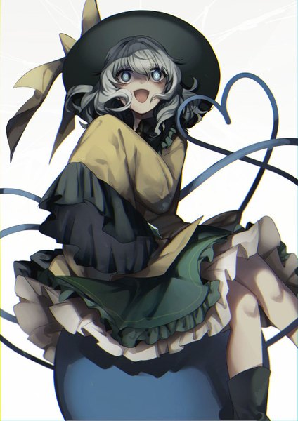 Anime picture 1024x1448 with touhou komeiji koishi no-kan single tall image fringe short hair open mouth blue eyes simple background hair between eyes white background sitting long sleeves grey hair symbol-shaped pupils looking up heart of string girl hat