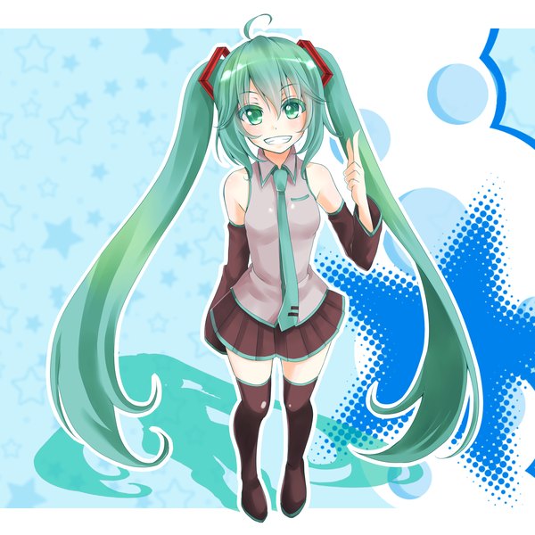 イラスト 2200x2200 と ボーカロイド 初音ミク あおい (pixiv1551731) ソロ カメラ目線 赤面 前髪 highres 笑顔 hair between eyes 立つ ツインテール 肩出し 緑の目 payot 全身 アホ毛 very long hair pleated skirt arm up