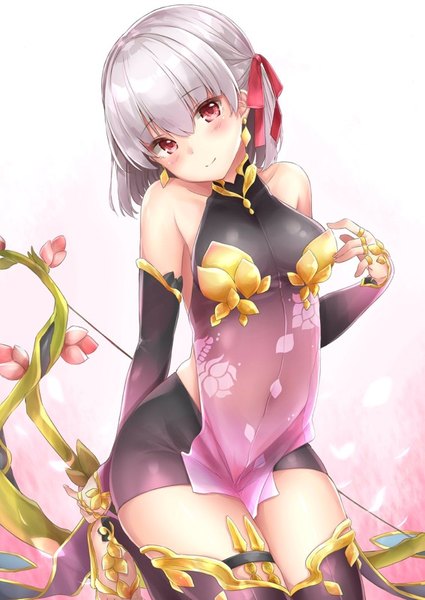 Anime picture 567x800 with fate (series) fate/grand order kama (fate) mikujin (mikuzin24) single tall image looking at viewer blush fringe short hair breasts light erotic simple background smile hair between eyes red eyes bare shoulders silver hair long sleeves head tilt