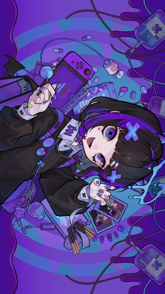Anime picture 1152x2048 with original nintendo tira 27 single tall image looking at viewer fringe short hair open mouth black hair purple eyes upper body blunt bangs long sleeves nail polish :d multicolored hair fingernails two-tone hair sparkle
