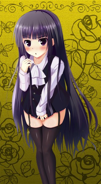 Anime picture 660x1200 with inu x boku ss david production shirakiin ririchiyo gorikeruka single tall image looking at viewer blush black hair purple eyes very long hair girl thighhighs black thighhighs garter straps