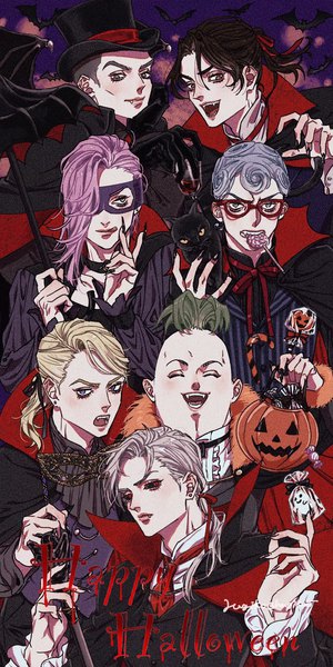 Anime picture 1000x2000 with jojo no kimyou na bouken melone prosciutto ghiaccio risotto nero illuso formaggio pesci hagiko tall image looking at viewer fringe short hair black hair blonde hair holding blue hair purple hair ponytail eyes closed