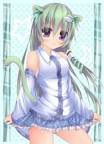 Anime picture 2528x3468 with touhou kochiya sanae kaiba-san long hair tall image blush highres purple eyes animal ears green hair cat ears cat girl cat tail girl skirt hair ornament detached sleeves miniskirt hair tubes