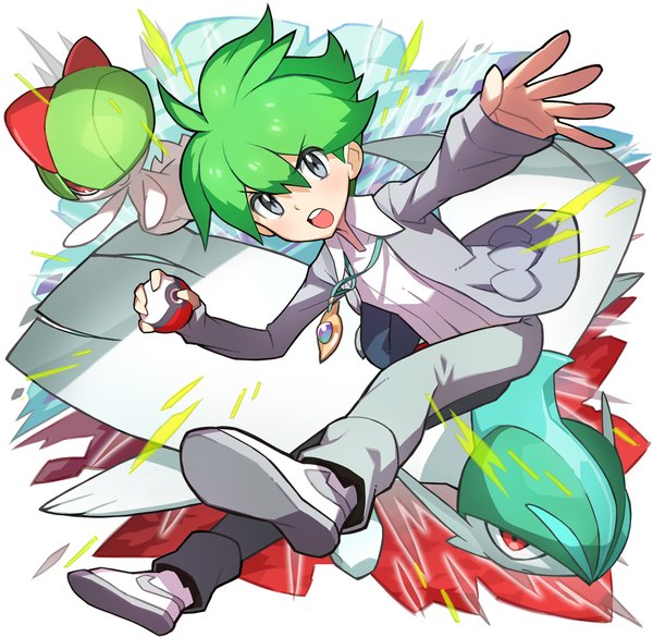 Anime picture 1025x1000 with pokemon pokemon (game) pokemon oras nintendo ralts gallade wally (pokemon) mega gallade mitsuru (pokemon) saitou naoki single looking at viewer blush short hair open mouth hair between eyes white background ahoge green hair grey eyes