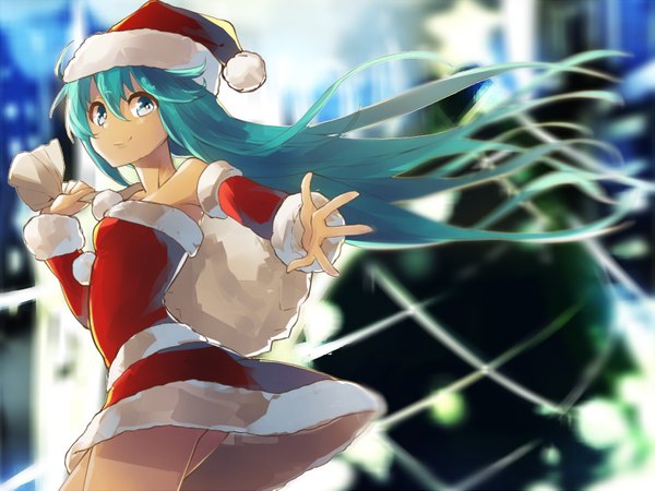 Anime picture 1564x1173 with vocaloid hatsune miku ytk (yutta-p) single long hair looking at viewer blue eyes smile hair between eyes bare shoulders wind aqua hair fur trim outstretched arm christmas girl dress hat detached sleeves fur