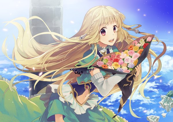 Anime picture 1300x920 with original konatsu hare single looking at viewer blush open mouth blonde hair red eyes girl dress flower (flowers) petals bouquet
