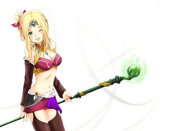 Anime picture 1700x1200 with diablo (game) blizzard entertainment mueacaty single long hair looking at viewer blush light erotic blonde hair smile white background bare shoulders green eyes one eye closed wink girl thighhighs navel detached sleeves miniskirt