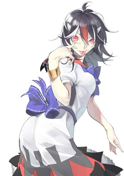 Anime picture 849x1200 with touhou kijin seija haruba negi single long hair tall image looking at viewer black hair simple background red eyes white background looking back multicolored hair horn (horns) streaked hair oni horns hand on face girl dress bow