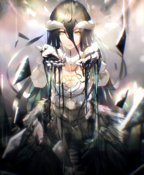 Anime-Bild 1916x2329 mit overlord (maruyama) madhouse albedo (overlord) so-bin single long hair tall image looking at viewer fringe highres breasts black hair hair between eyes yellow eyes cleavage horn (horns) scan arms up official art slit pupils