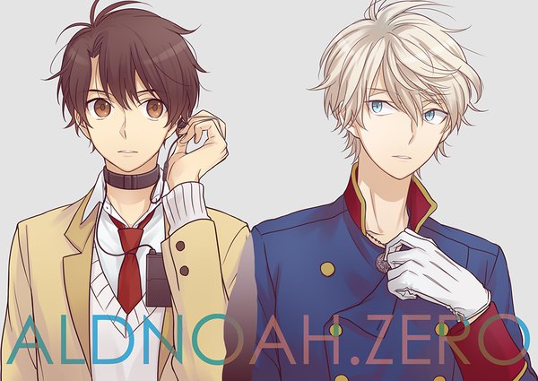 Anime picture 1006x714 with aldnoah.zero a-1 pictures slaine troyard kaizuka inaho akuta michi (artist) looking at viewer fringe short hair blue eyes blonde hair simple background hair between eyes brown hair holding brown eyes looking away upper body parted lips inscription grey background