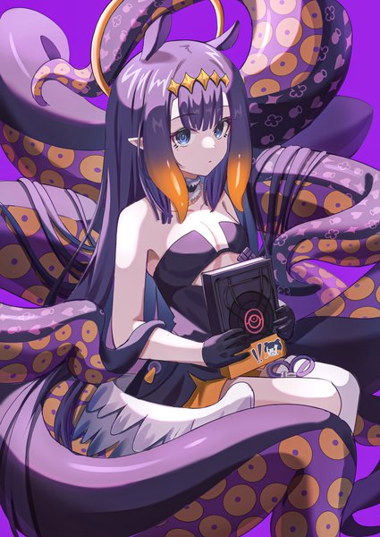 Anime picture 2508x3541 with virtual youtuber hololive hololive english ninomae ina'nis ninomae ina'nis (1st costume) ao-chan (ninomae ina'nis) pension z single tall image fringe highres blue eyes sitting animal ears looking away purple hair very long hair pointy ears extra ears tentacle hair