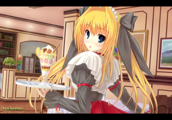 Anime picture 1600x1120 with parfait chocolat second brew long hair blue eyes blonde hair twintails looking back maid girl food sweets ice cream tray