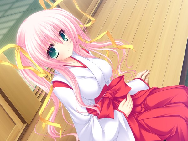 Anime picture 1600x1200 with neko koi! whirlpool (studio) toono sayaka mikagami mamizu twintails green eyes pink hair game cg miko girl ribbon (ribbons)