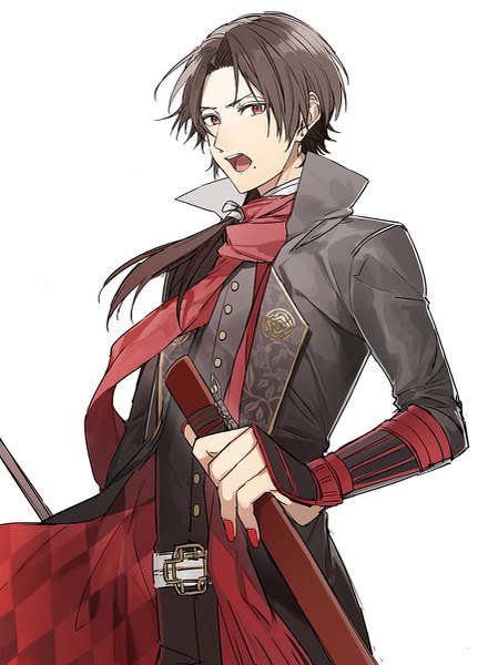 Anime picture 863x1200 with touken ranbu nitroplus kashuu kiyomitsu sando (310 sand) single long hair tall image looking at viewer open mouth black hair simple background red eyes standing white background upper body nail polish mole low ponytail mole under mouth red nail polish