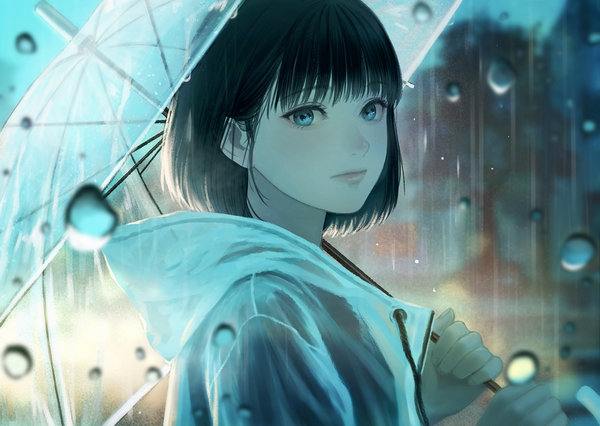 Anime picture 2039x1447 with original romiy single looking at viewer fringe highres short hair blue eyes black hair standing holding upper body outdoors blurry depth of field rain transparent umbrella girl umbrella water drop