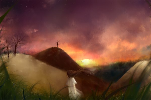 Anime picture 1024x682 with original sati (sati1111) single long hair brown hair sky cloud (clouds) from behind back evening sunset landscape girl plant (plants) tree (trees)