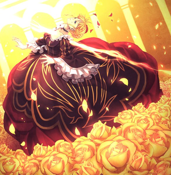 Anime picture 1200x1226 with umineko no naku koro ni beatrice misti single long hair tall image blue eyes blonde hair yellow background girl dress flower (flowers) petals rose (roses) yellow rose