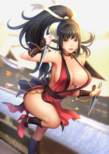 Anime picture 620x877 with original youbou single long hair tall image looking at viewer blush fringe breasts open mouth light erotic black hair large breasts standing bare shoulders holding brown eyes payot cleavage bent knee (knees)
