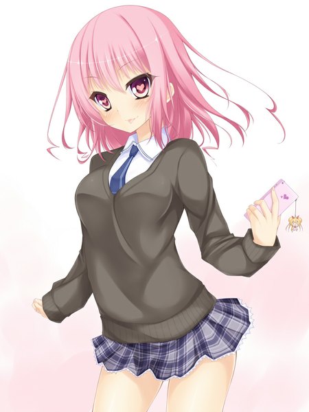 イラスト 750x1000 と オリジナル mirei-san (suterii) すてりい ソロ 長身像 カメラ目線 赤面 短い髪 simple background 白背景 ピンク髪 ピンク目 symbol-shaped pupils 女の子 スカート 制服 学生服 ハート セッター 電話