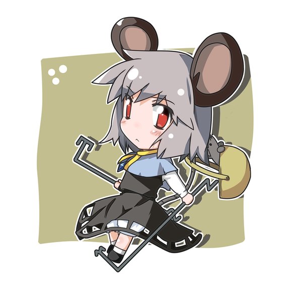 Anime picture 850x850 with touhou nazrin nihonbato single looking at viewer blush fringe short hair simple background red eyes animal ears full body grey hair chibi :< mouse ears girl dress animal basket