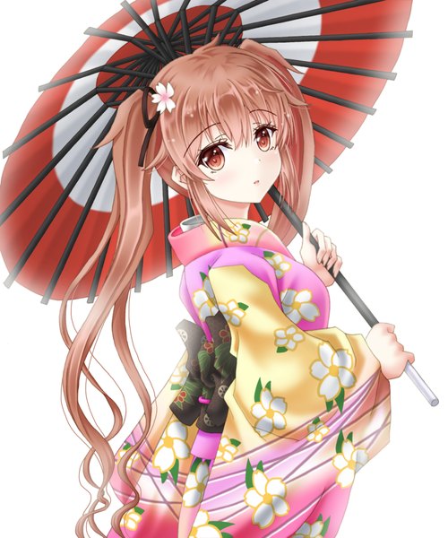 Anime-Bild 1000x1200 mit kantai collection murasame destroyer amou yuu single long hair tall image looking at viewer fringe simple background hair between eyes brown hair white background twintails brown eyes traditional clothes japanese clothes girl kimono umbrella oriental umbrella