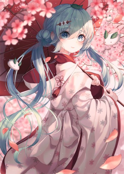 Anime picture 2528x3555 with vocaloid hatsune miku yuki miku yuki miku (2013) bbeedol single long hair tall image looking at viewer blush fringe highres smile hair between eyes standing twintails holding traditional clothes japanese clothes aqua eyes