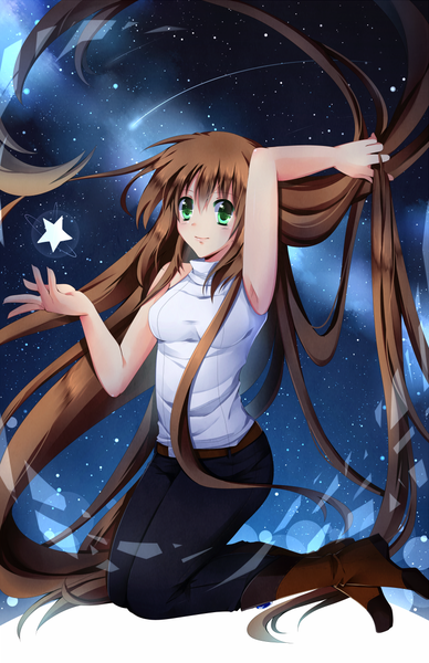 Anime picture 770x1190 with original mahel (original) rumi-kuu single tall image smile brown hair green eyes very long hair night armpit (armpits) night sky sleeveless kneeling light shooting star girl star (symbol) star (stars) thigh boots