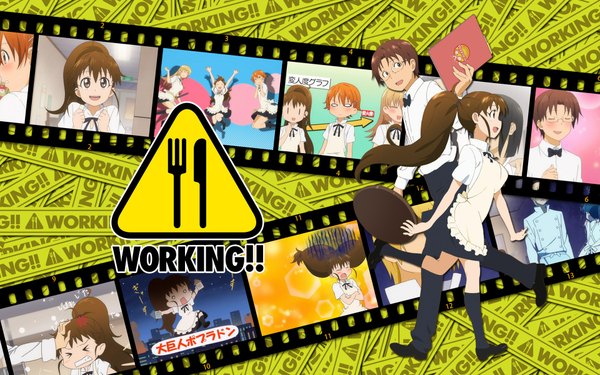 Anime picture 1920x1200 with working!! a-1 pictures taneshima popura takanashi souta highres wide image waiter