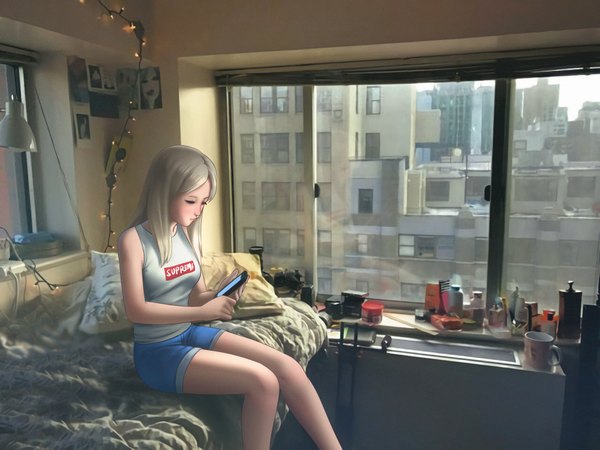 Anime picture 1920x1440 with original edith wilton mawa setiawan single long hair highres breasts blonde hair sitting indoors profile looking back bare legs photo background girl shorts window bed mobile phone smartphone